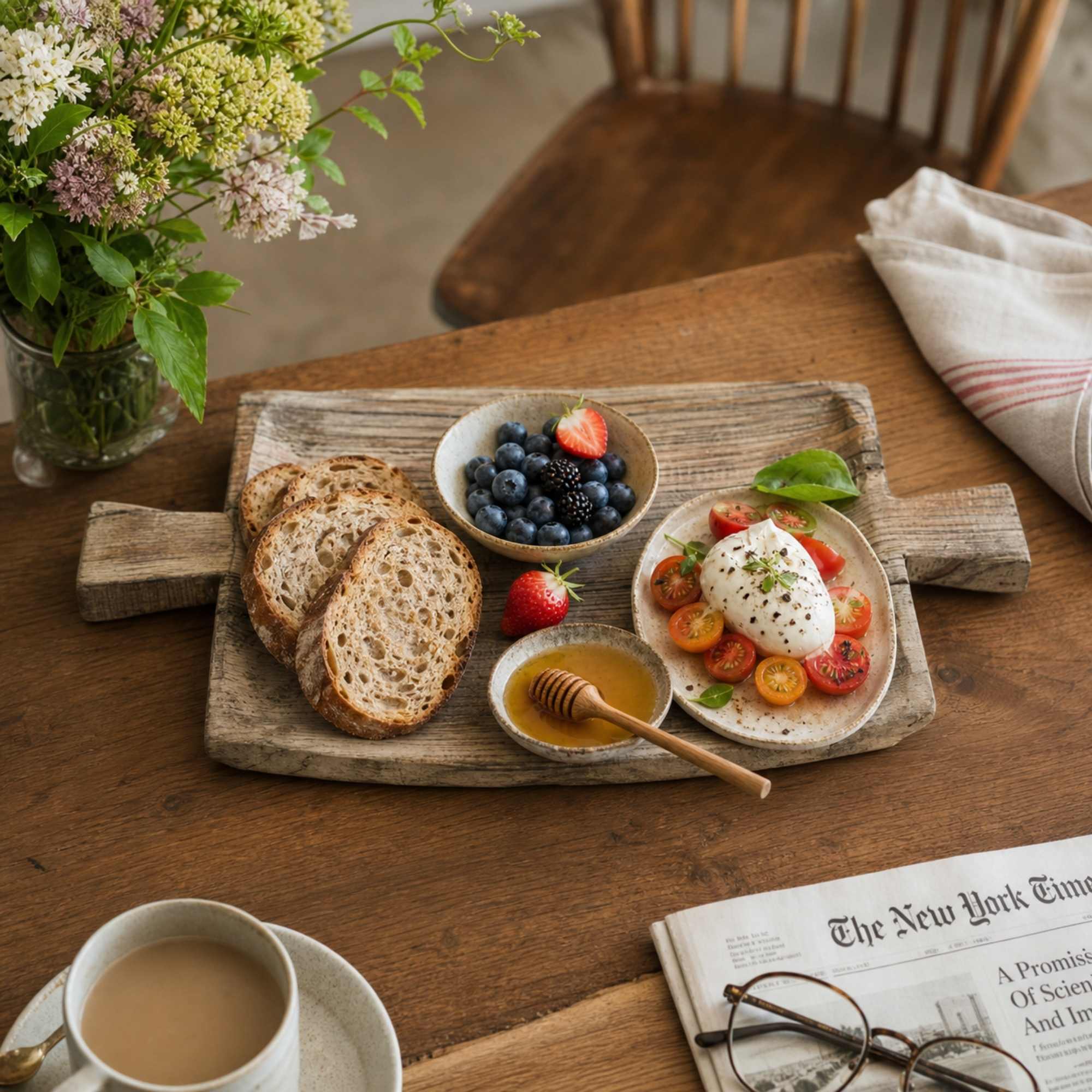 Wooden tray used for breakfast fruit and tabletop styling