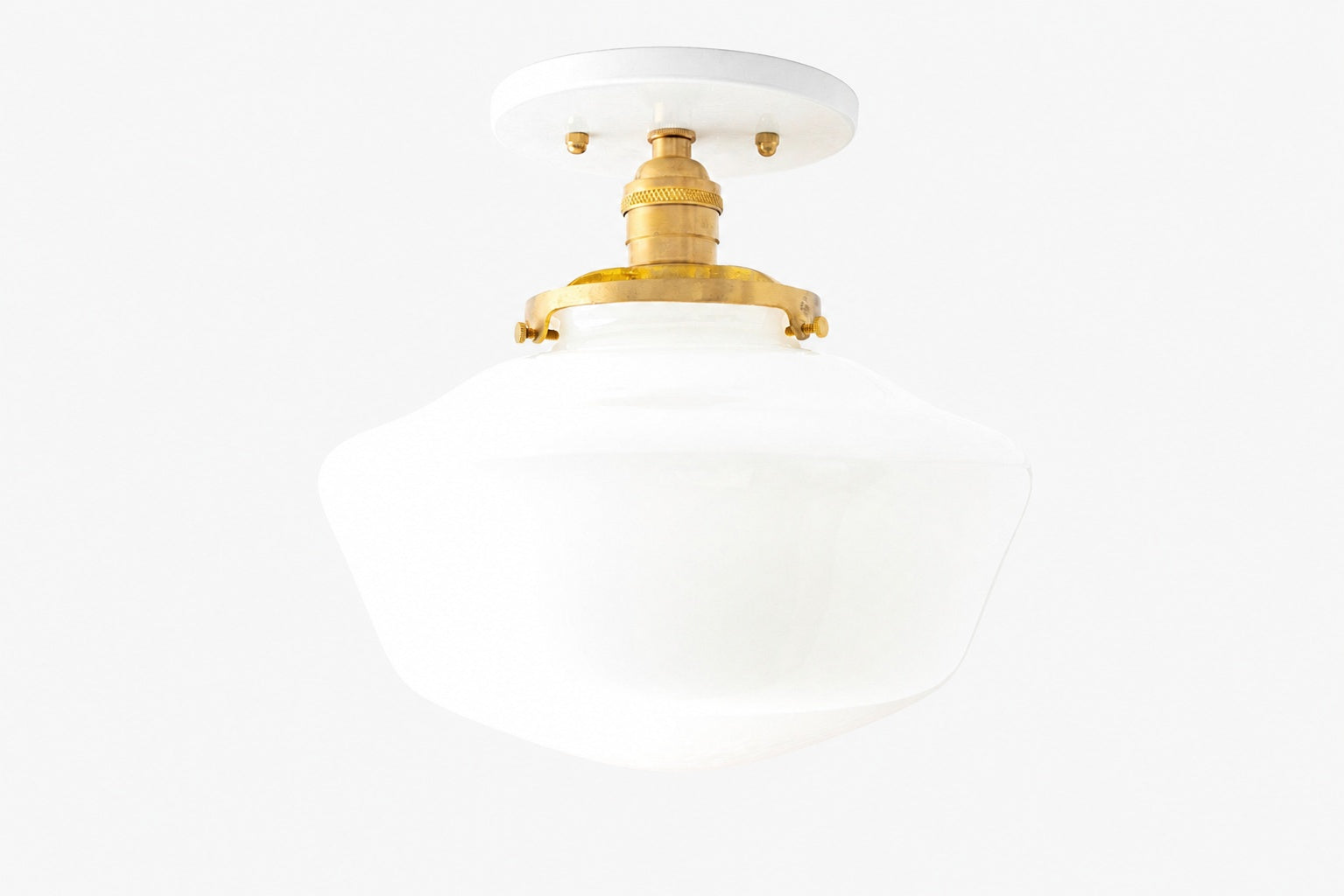Geotower Glass Brass Ceiling Light - Opal Glass Schoolhouse Shade - Modern Elegance