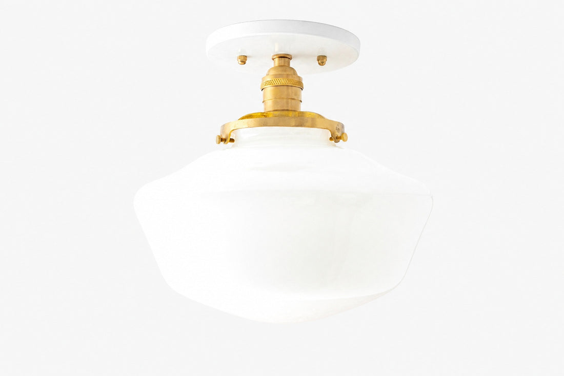 Geotower Glass Brass Ceiling Light - Opal Glass Schoolhouse Shade - Modern Elegance