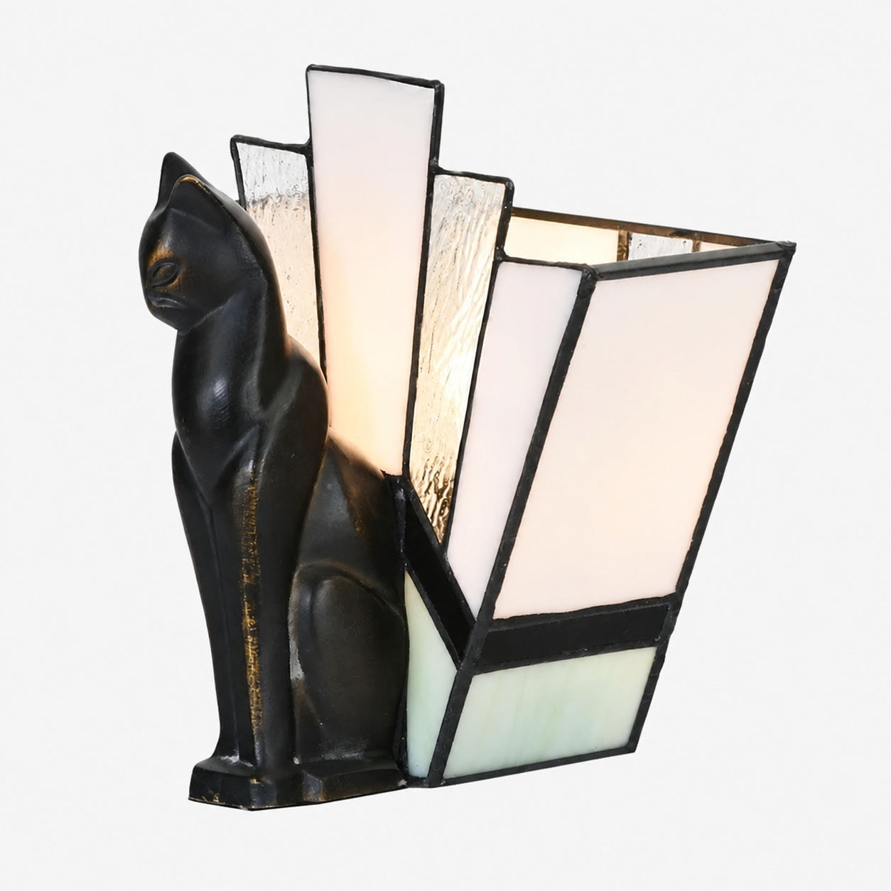TF Felix Table Lamp – Art Deco Design with Glass Shade and Cat Figurine for Living Room or Bedroom