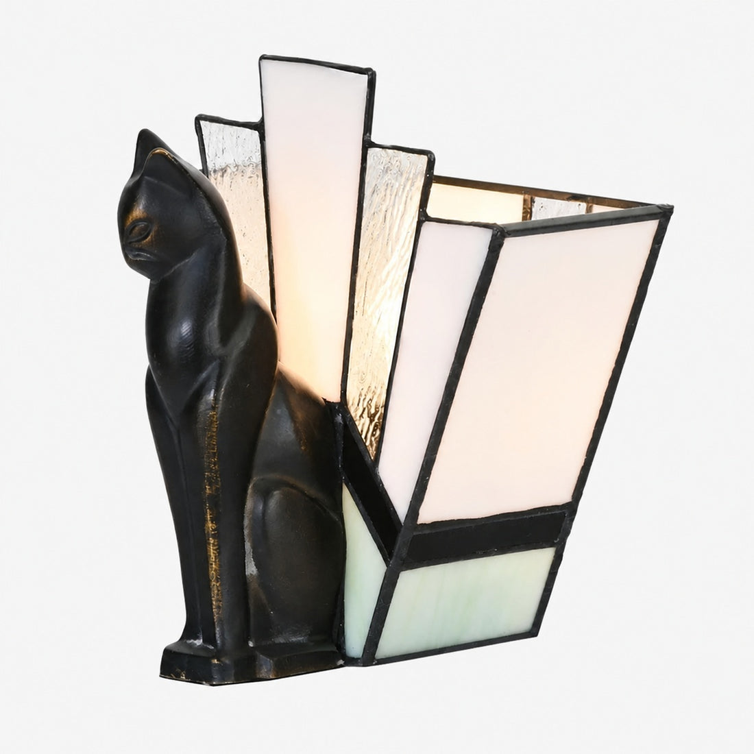 TF Felix Table Lamp – Art Deco Design with Glass Shade and Cat Figurine for Living Room or Bedroom