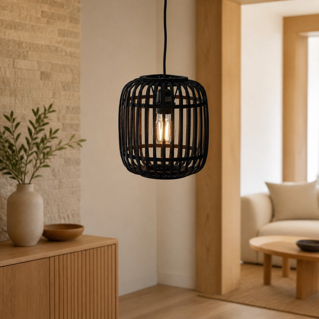 Yumeko Adjustable Bamboo Pendant Lamp - Natural Cage Ceiling Light Perfect for Living & Dining Rooms