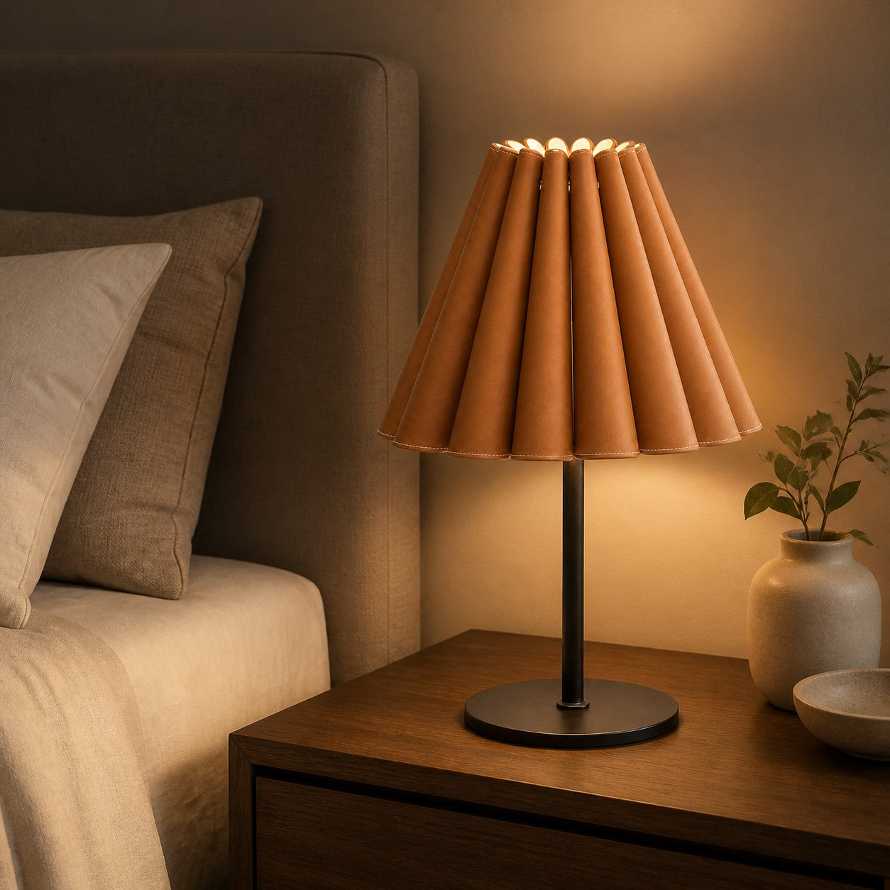 Caramel brown pleated leather table lamp in a bedroom