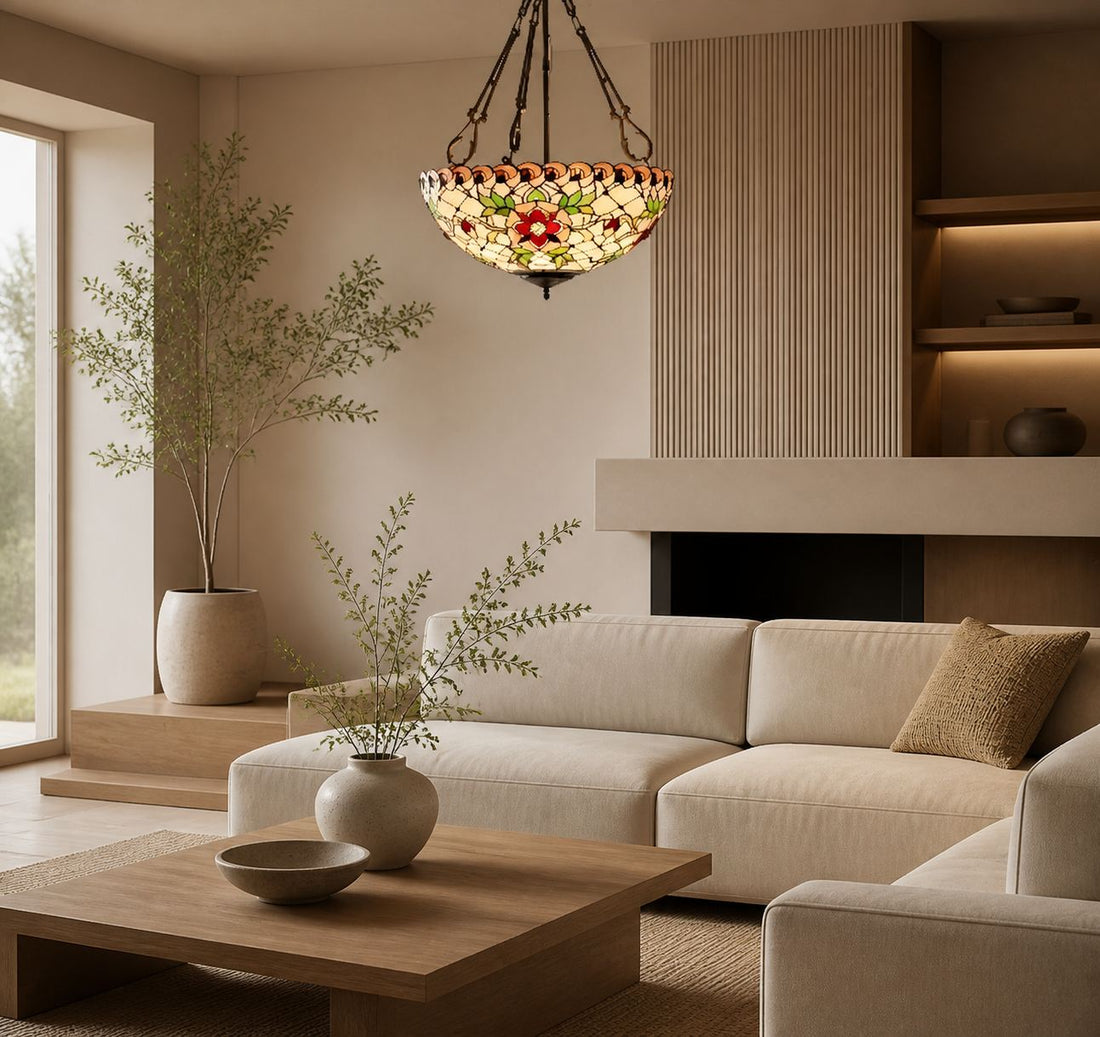 TF Dragonfly Beige Tiffany Pendant Lamp – Elegant Stained Glass Fixture for Dining Room and Bedroom