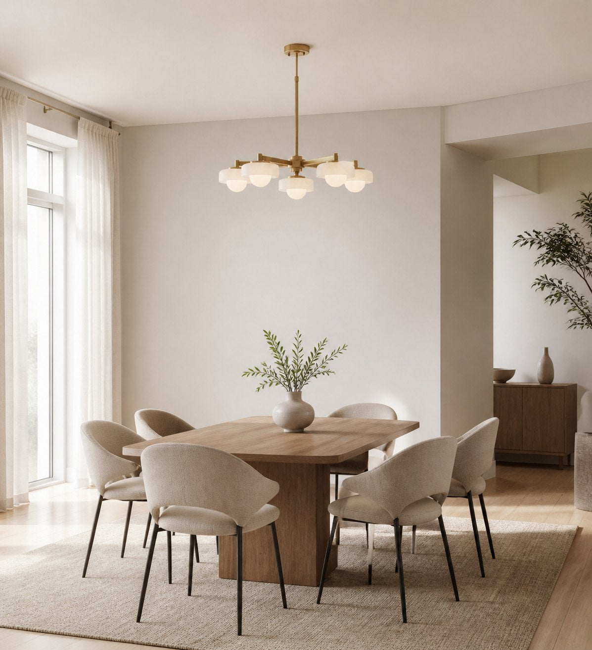 Zirvos Pendant with Frosted Opal Globes and Brushed Brass Frame for Living and Dining