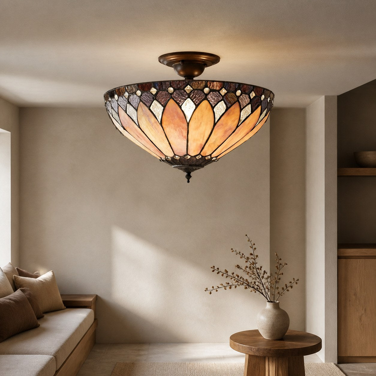 TF Brooklyn Tiffany Semi-flush Ceiling Light - Geometric Glass Shade for Hallways or Living Rooms