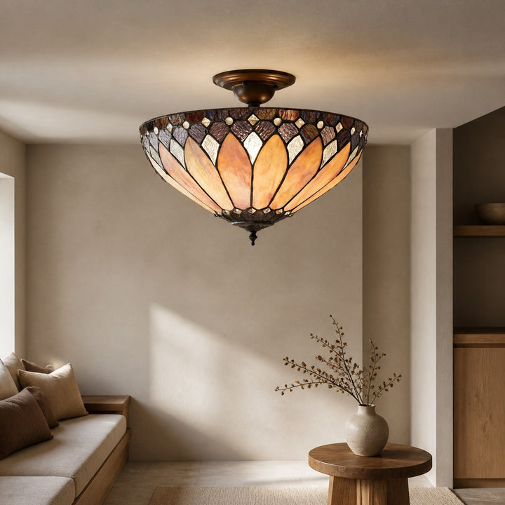 TF Brooklyn Tiffany Semi-flush Ceiling Light - Geometric Glass Shade for Hallways or Living Rooms