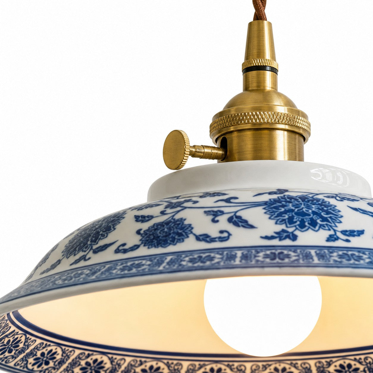 Blue And White Ceramic Pendant Light with Brass Accents