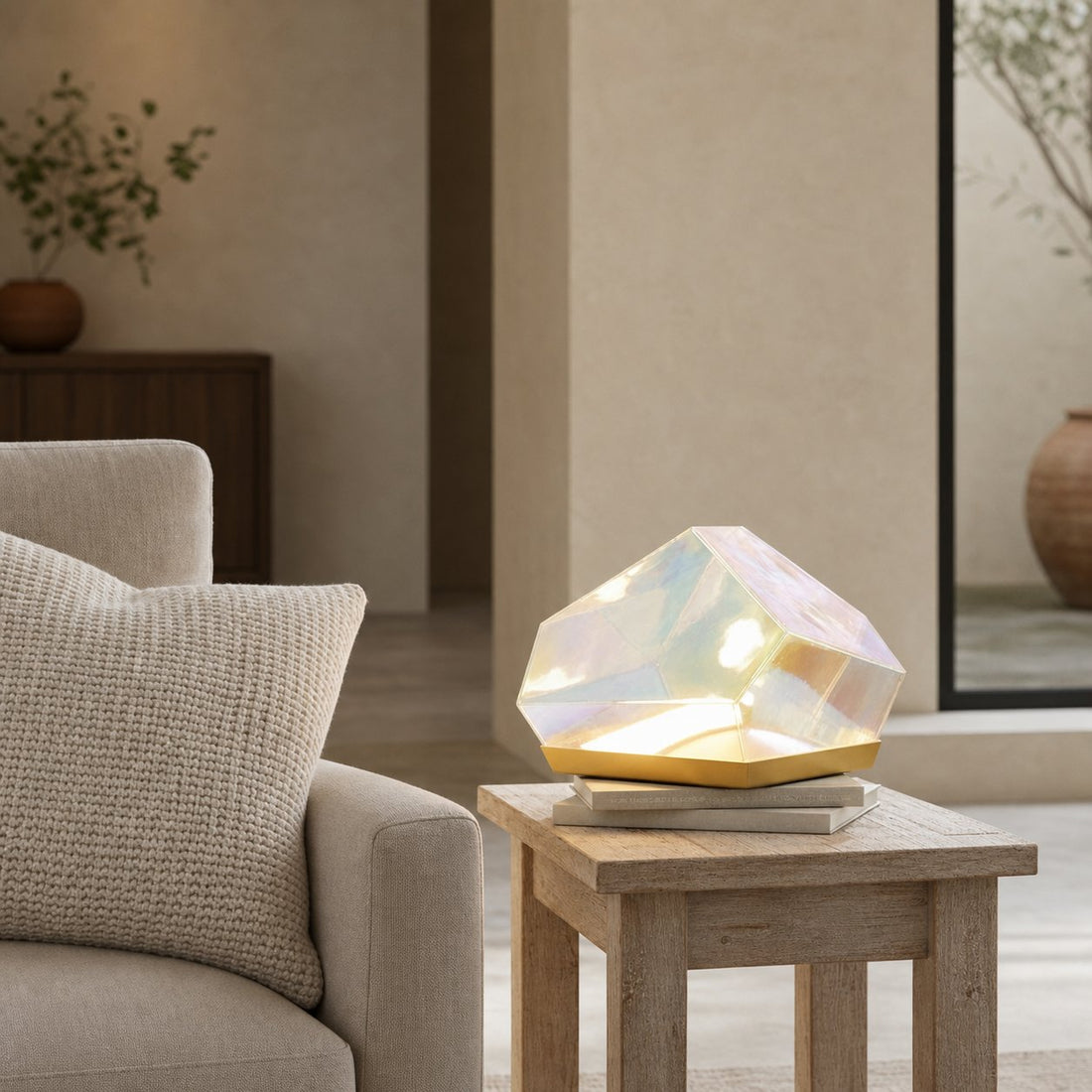 Nera Glass Gem Table Lamp - Iridescent Glass Shade with Antique Brass Base for Living Room Accent