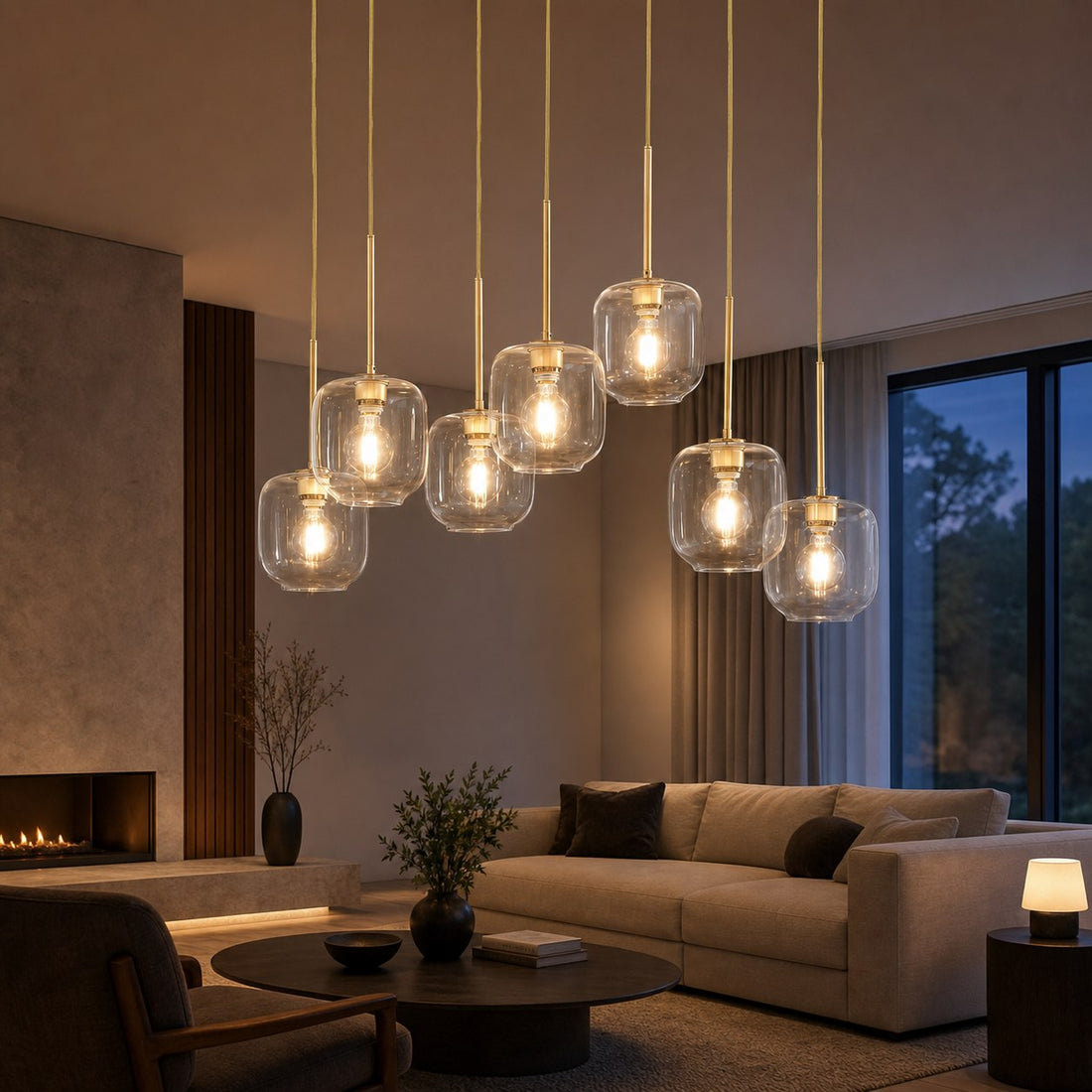 Lumivelle Sculptural 7-Light Chandelier – Adjustable Height Modern Glass Pendant