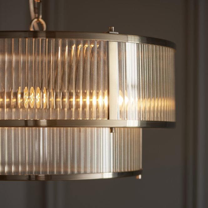 Two Tiered Ribbed Glass Pendant Lamp – Antique Brass Metal Light