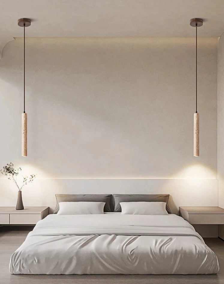 Japanese Wabi Sabi Yellow Travertine Cylinder 1-Light Pendant Light