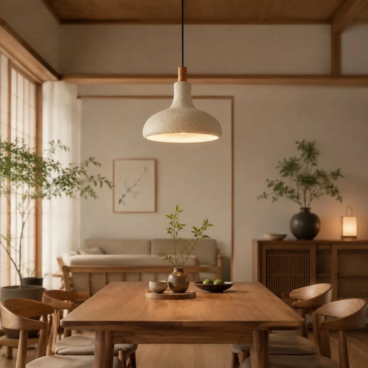 Rice paper pendant lamp lighting a natural wood dining and living room