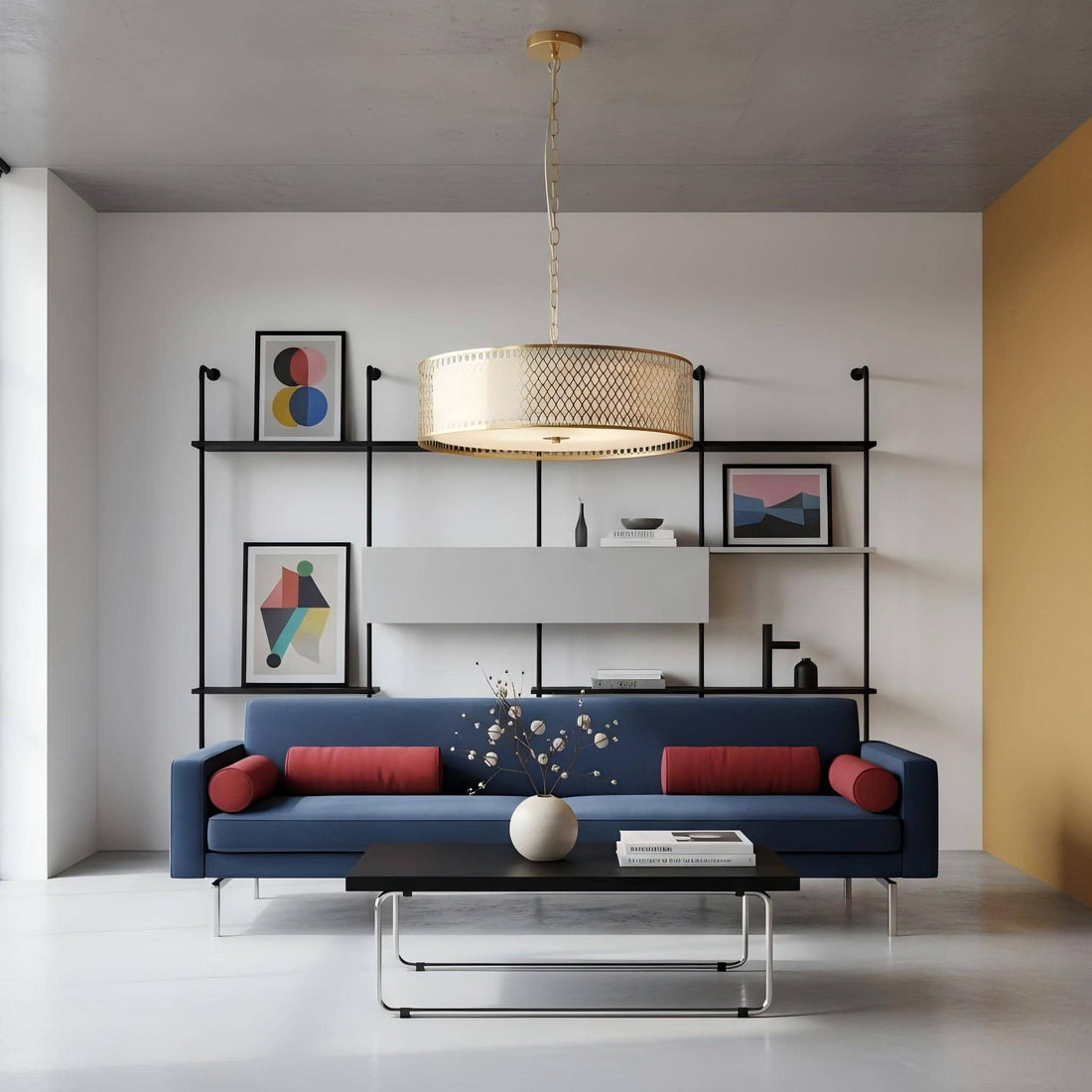 Liorin Geometric Pendant Lamp – Modern Fretwork Metal and Fabric Shade Pendant for Interiors