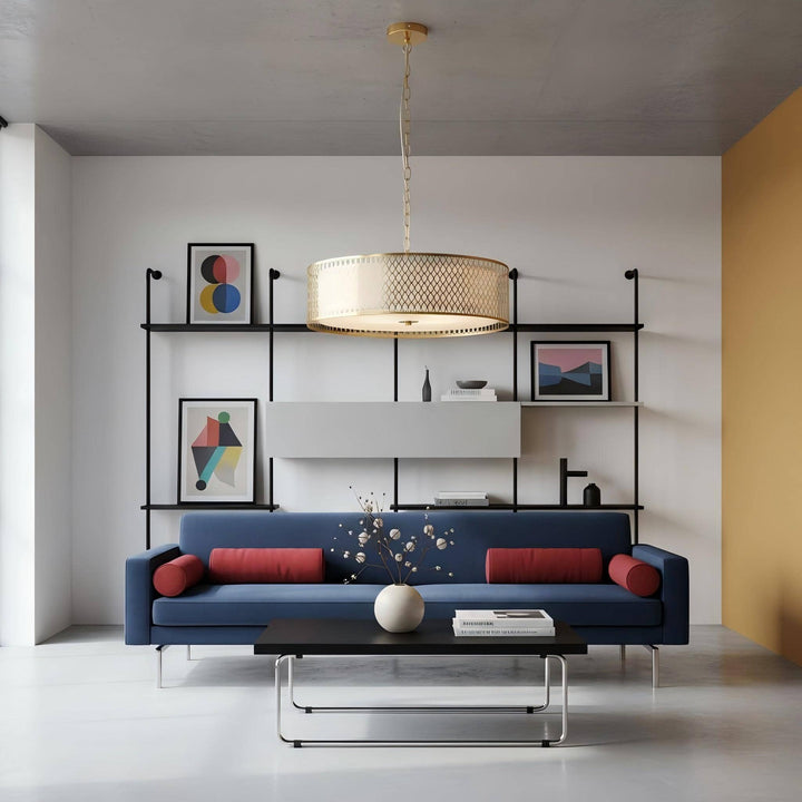 Liorin Geometric Pendant Lamp – Modern Fretwork Metal and Fabric Shade Pendant for Interiors