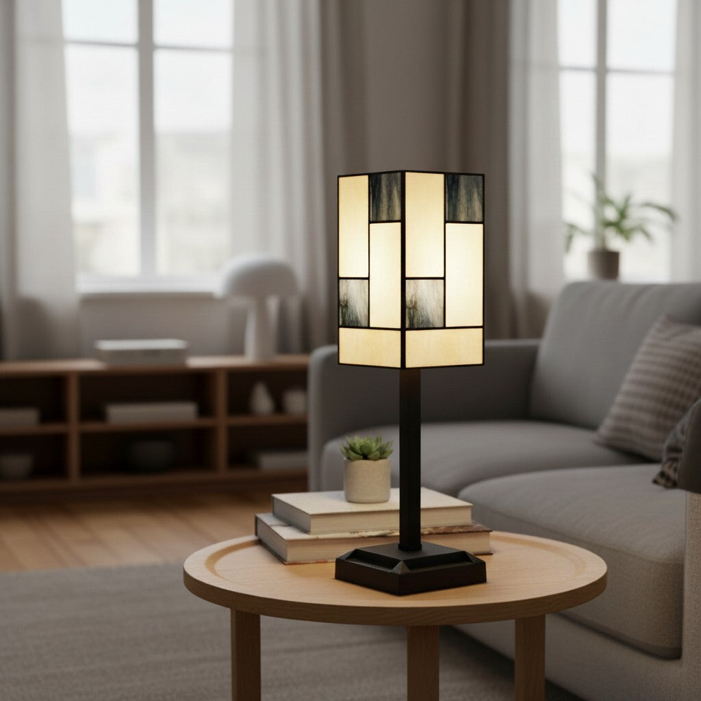 TF Manchester Square Table Lamp - Geometric Glass and Metal for Bedroom and Living Room