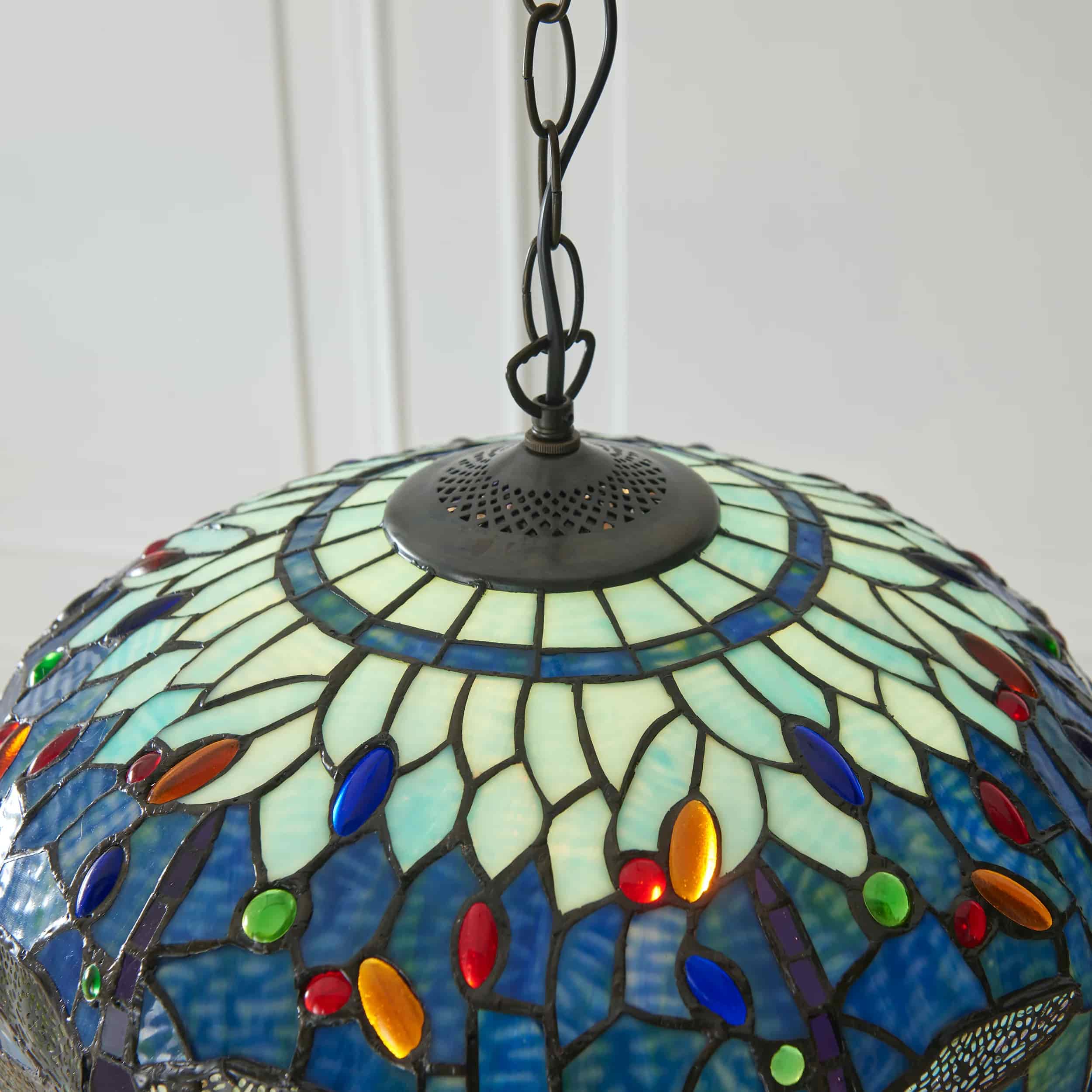 TF Dragonfly Blue Tiffany Pendant Light – Art Nouveau Stained Glass Pendant for Living