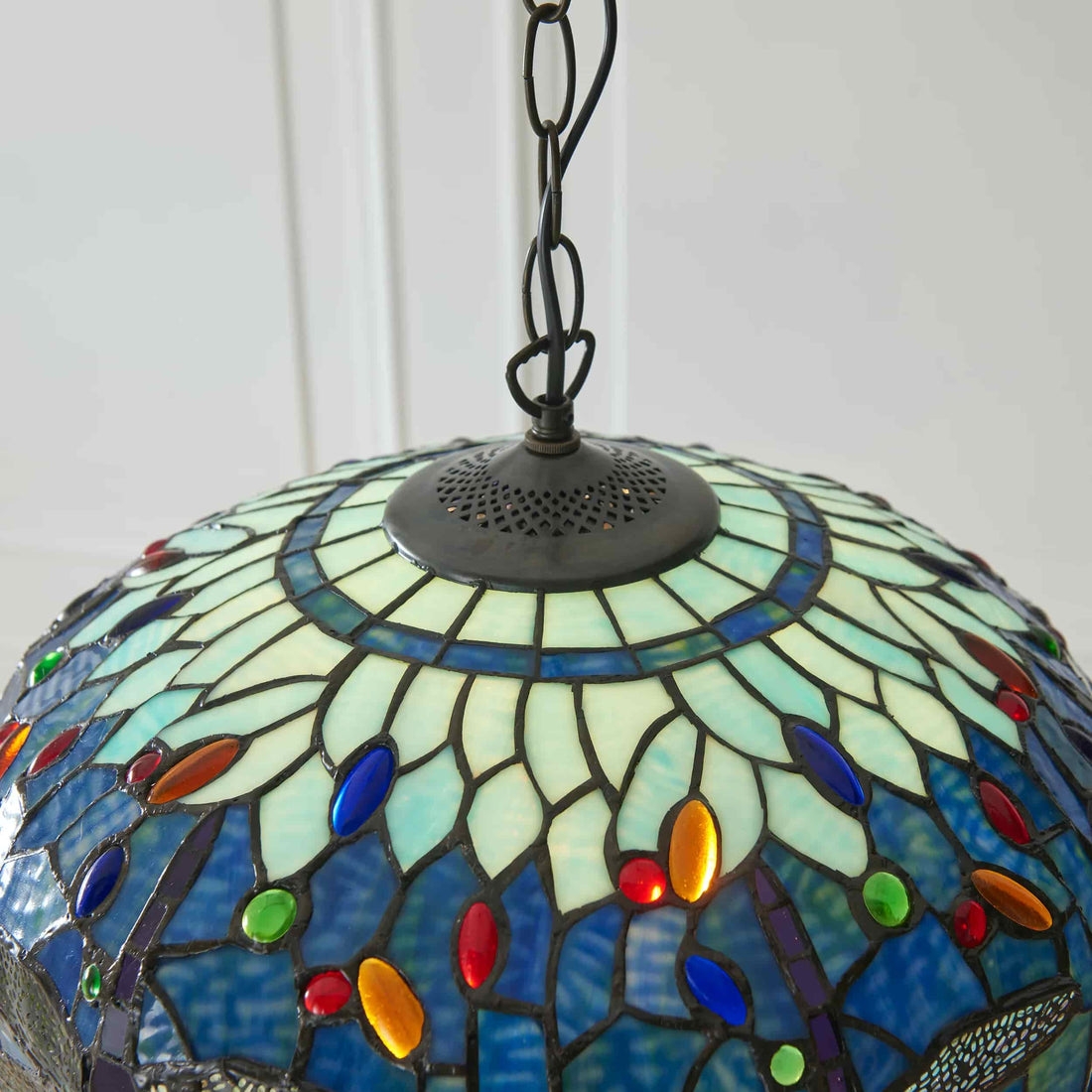 TF Dragonfly Blue Tiffany Pendant Light – Art Nouveau Stained Glass Pendant for Living