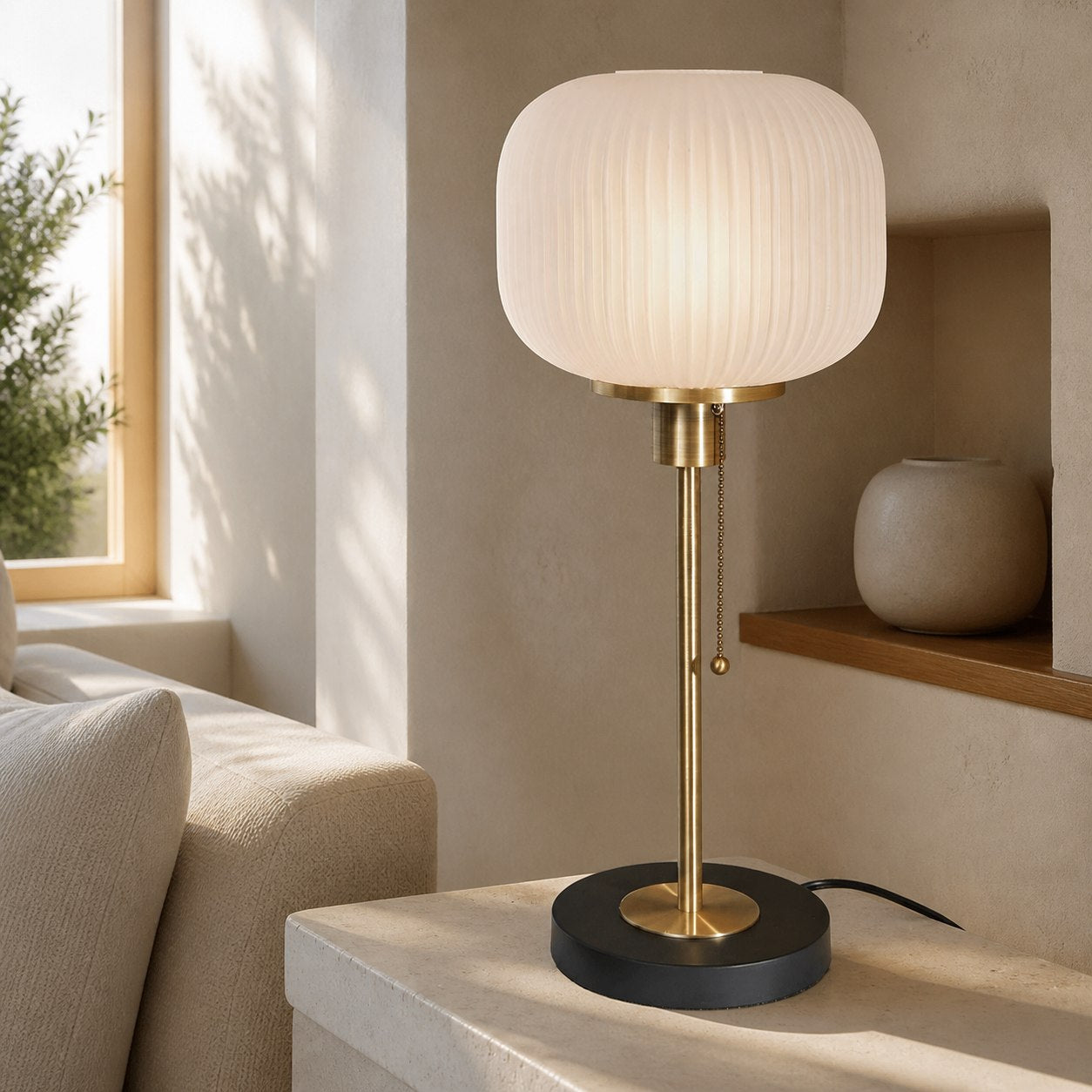 Pelviona Ribbed Glass Table Lamp - Brass & Black Metal Base - Must-Have for Home Styling