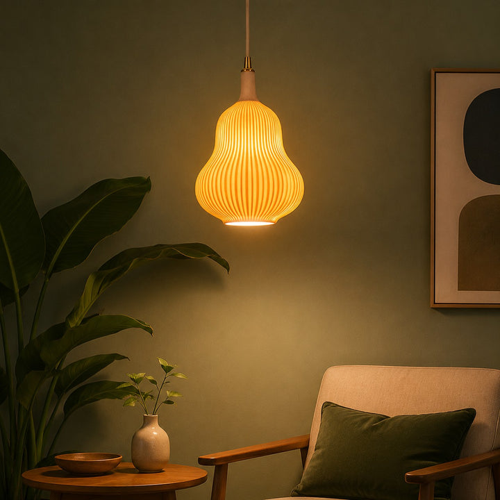 Ceramic pendant lamp in a reading corner