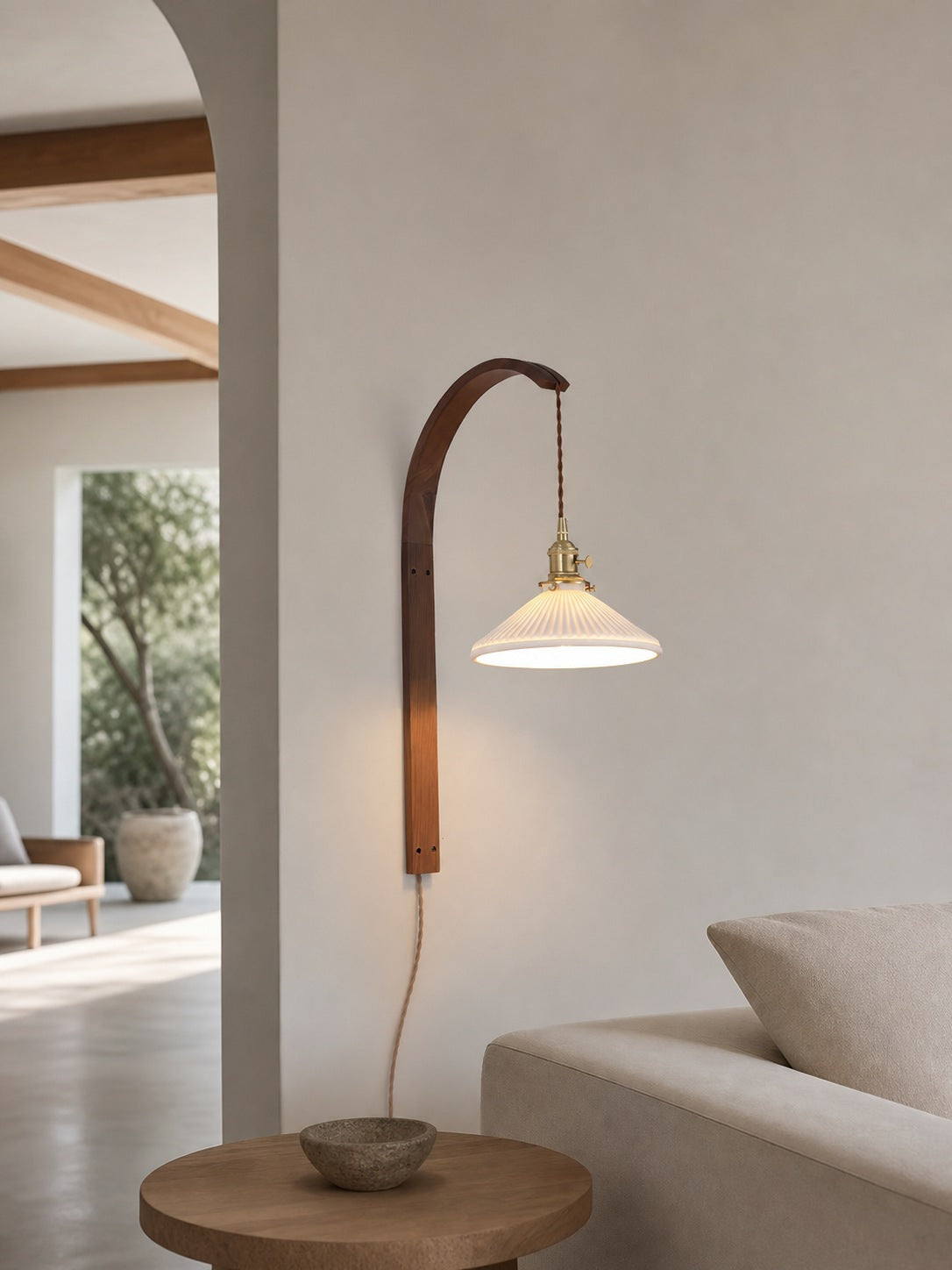 Curved Walnut Ceramic Plug-in Wall Light