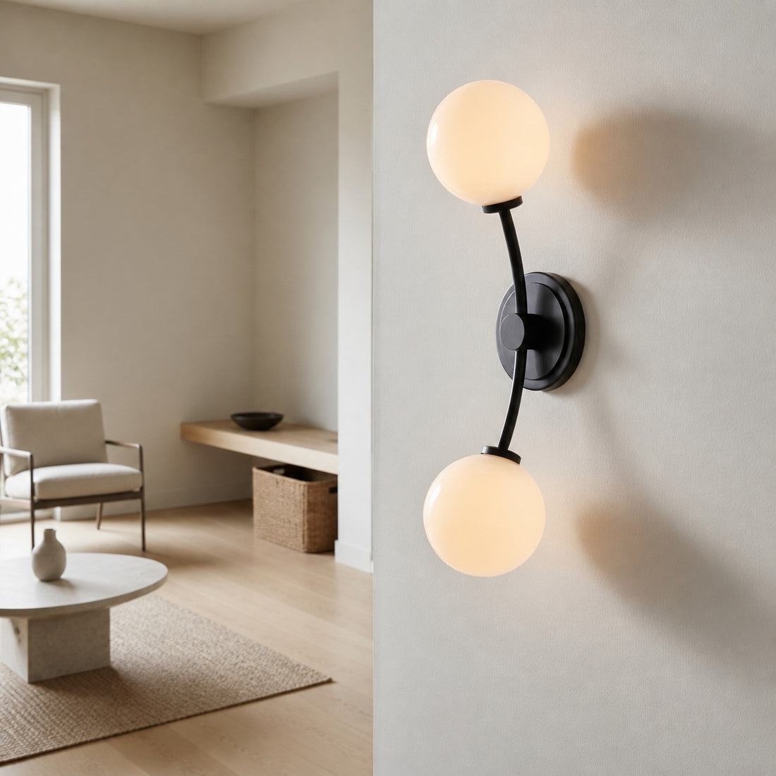 Arden Glass 2 Light Iron Wall Sconce - Modern Curved Design for Bathroom or Hallway