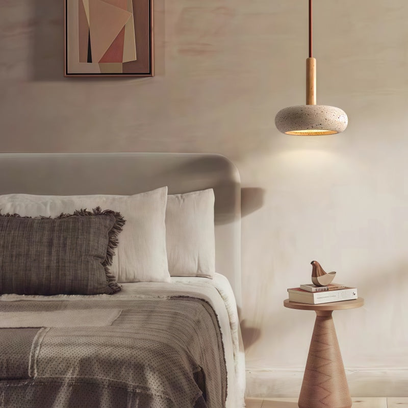 Traditional Japanese Round Wood Travertine Pendant Light