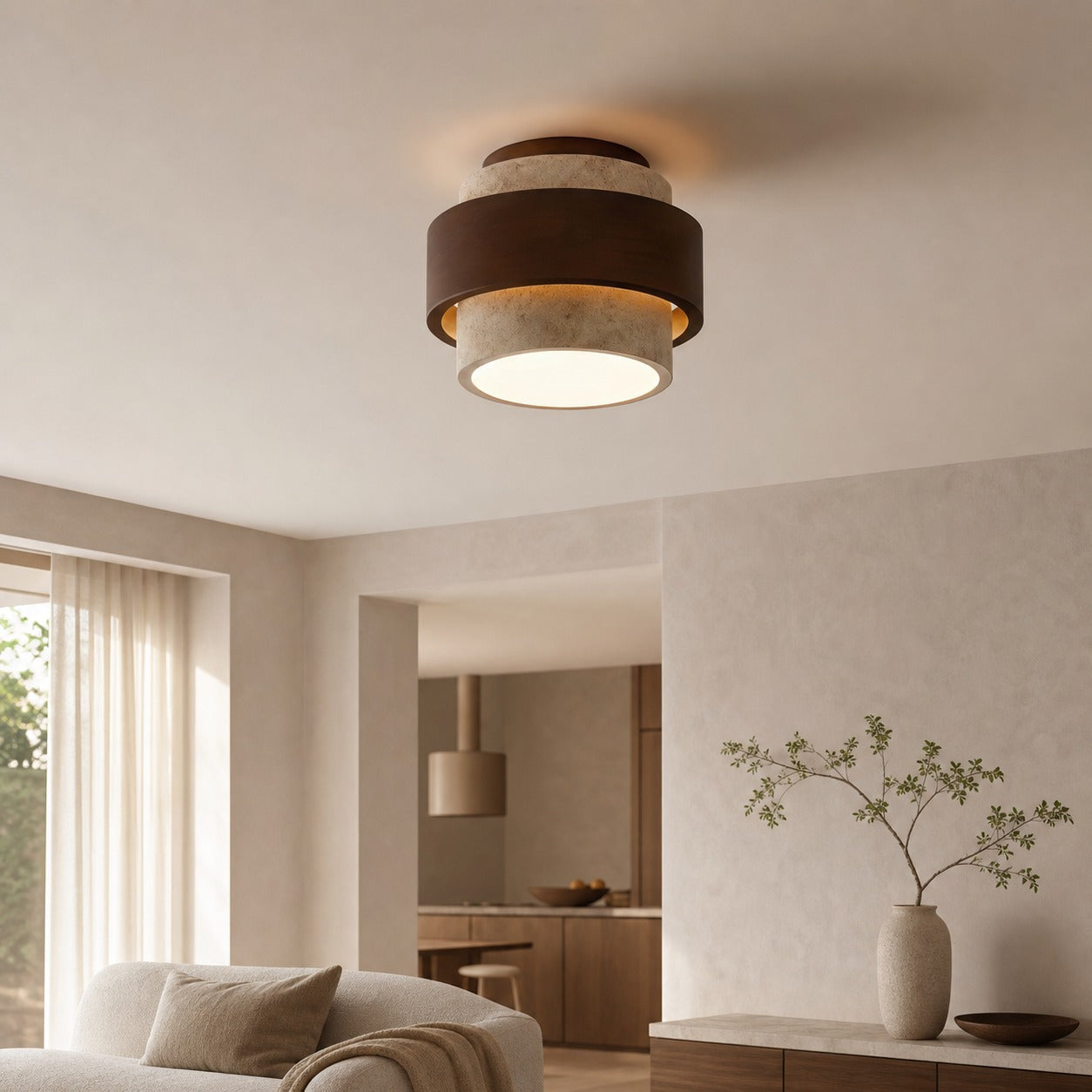 MokuStone Wabi Sabi Travertine Ceiling Lamp - Textured Stone Flush Mount Lighting for Home