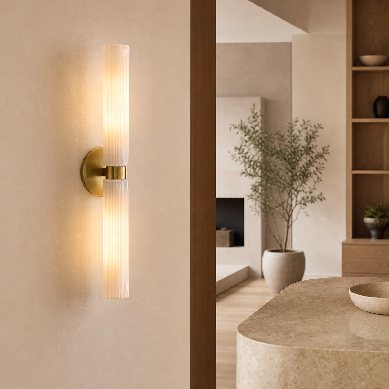 Rivora Modern Fluted Glass Wall Light - Double Short Indoor Outdoor Sconce