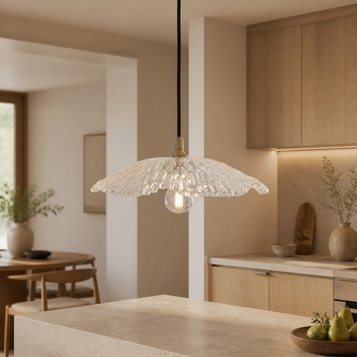 Floriaxis Floral Glass Pendant Light — Floral Glass Shade with Braided Cable for Kitchen or Dining