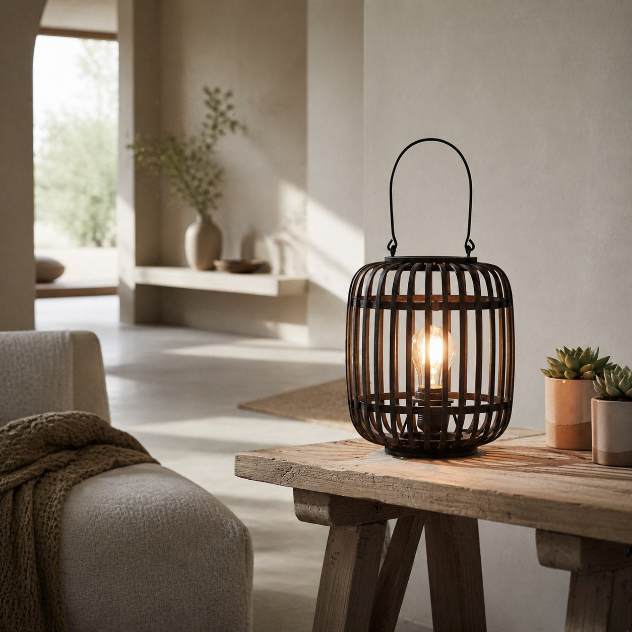 Yumeko Ambient Table Lamp - Open Bamboo Cage Design Stylish and Eco Friendly for Living & Bedroom