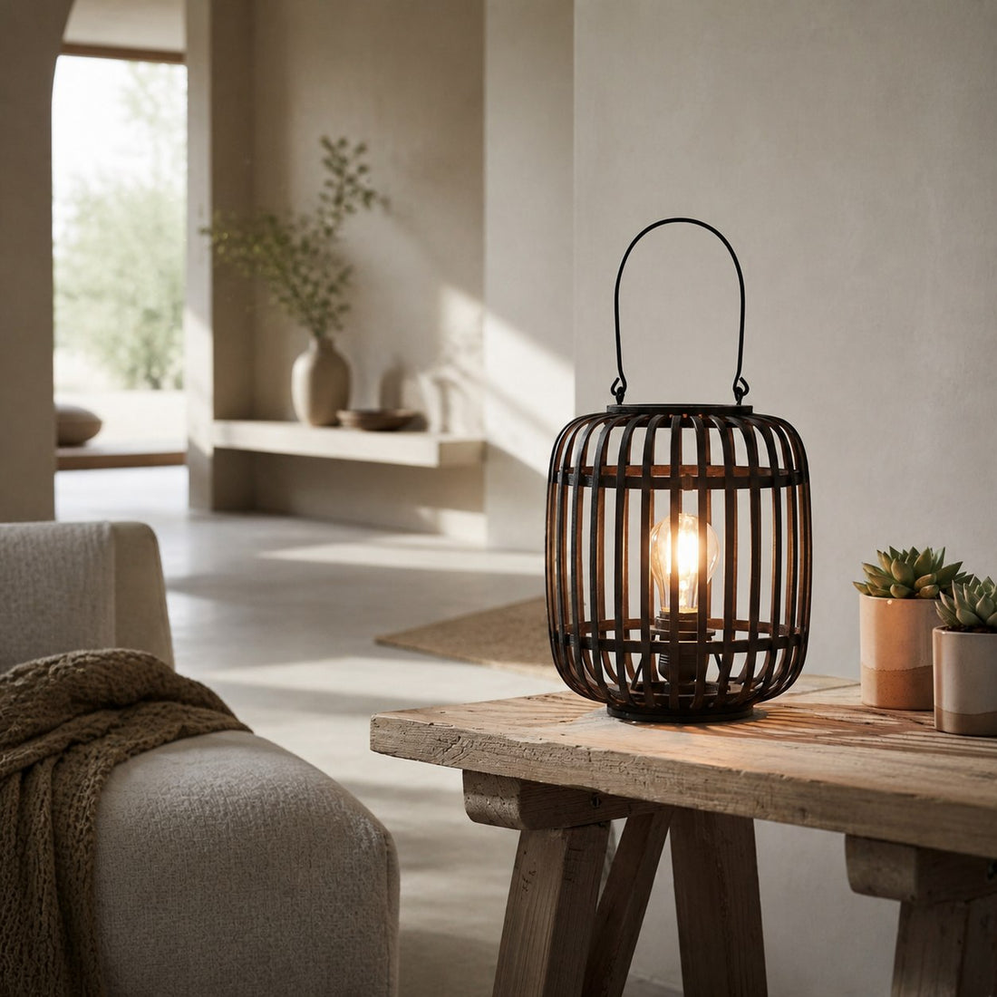 Yumeko Ambient Table Lamp - Open Bamboo Cage Design Stylish and Eco Friendly for Living & Bedroom