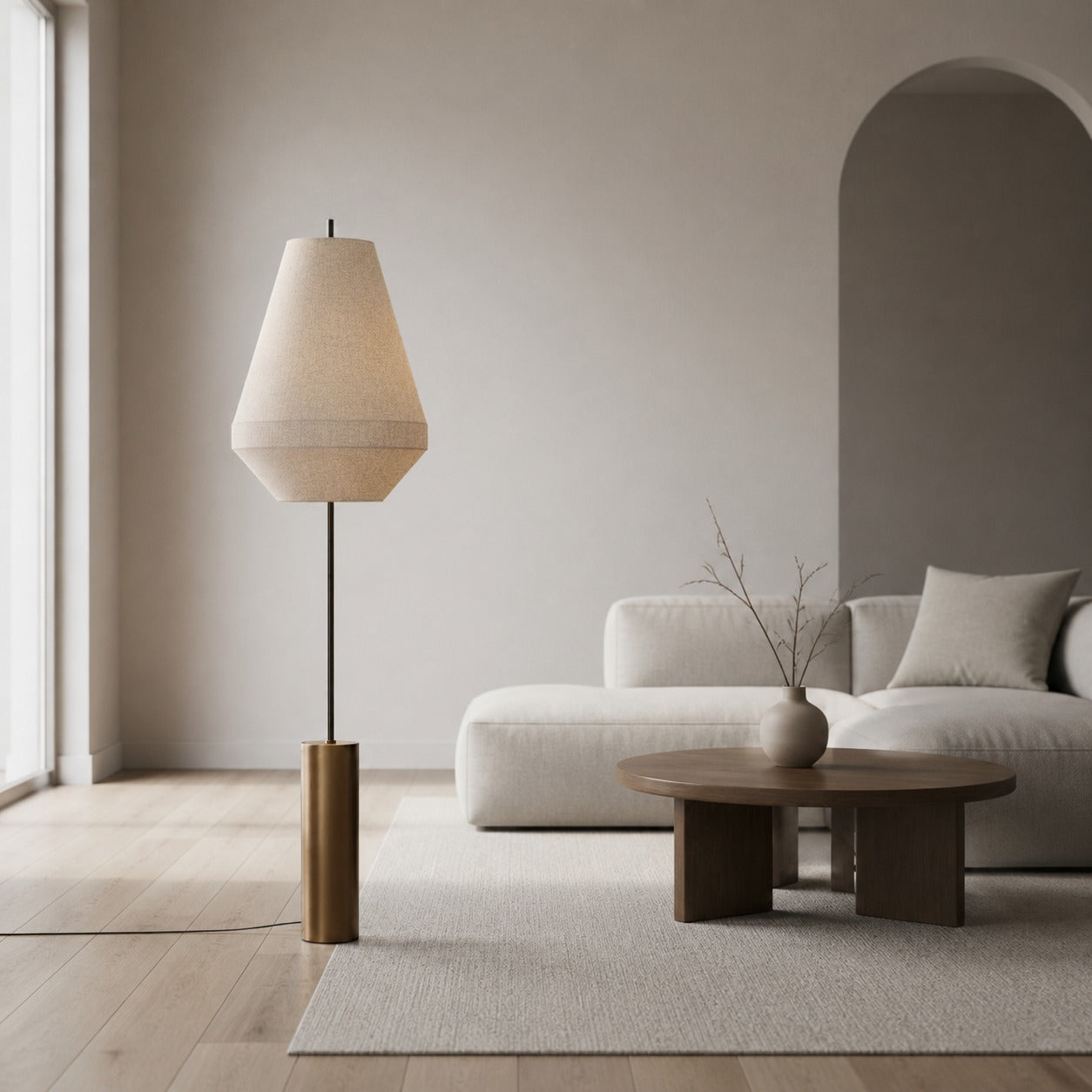 Zalen Floor Lamp - Layered Linen Pendant Design Aged Brass-Metal Lamp for Living Room