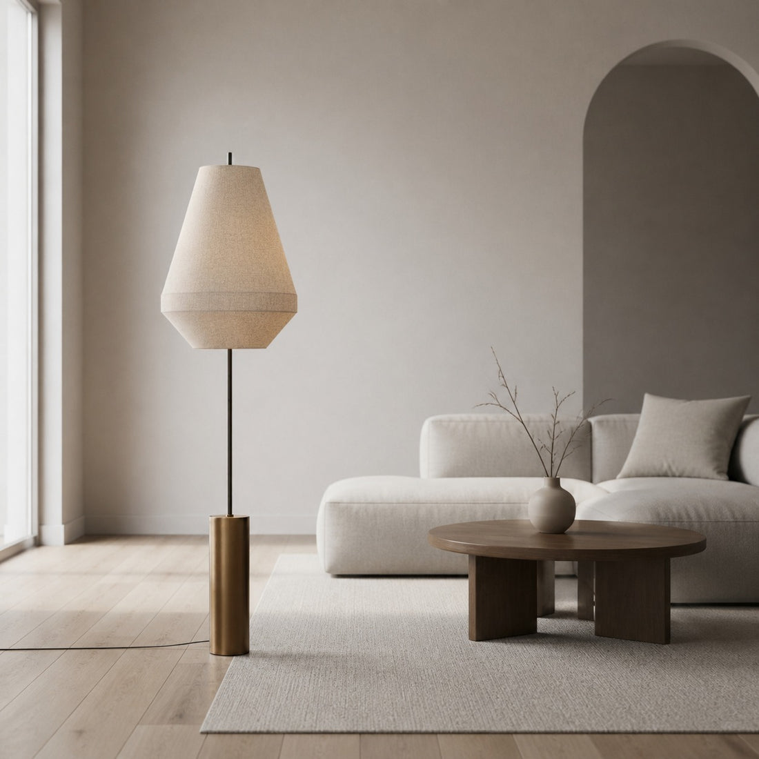 Zalen Floor Lamp - Layered Linen Pendant Design Aged Brass-Metal Lamp for Living Room