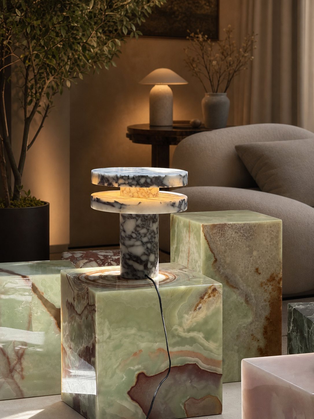 Modern Sculptural Table Lamp with Cylindrical Base Design for Bedroom Bedside and Living Room Use