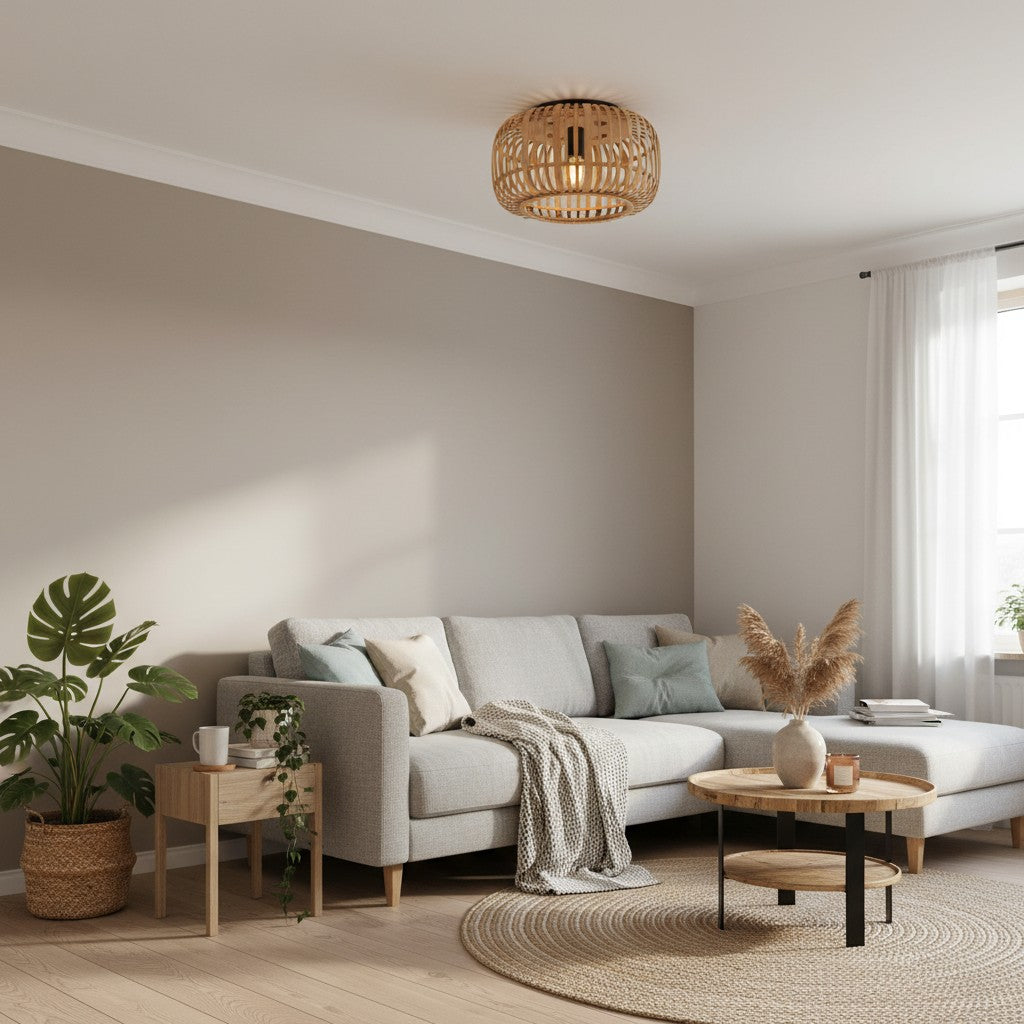 Yumeko Natural Bamboo Flush Ceiling Light - Organic Cage Design Sustainable for Living Room