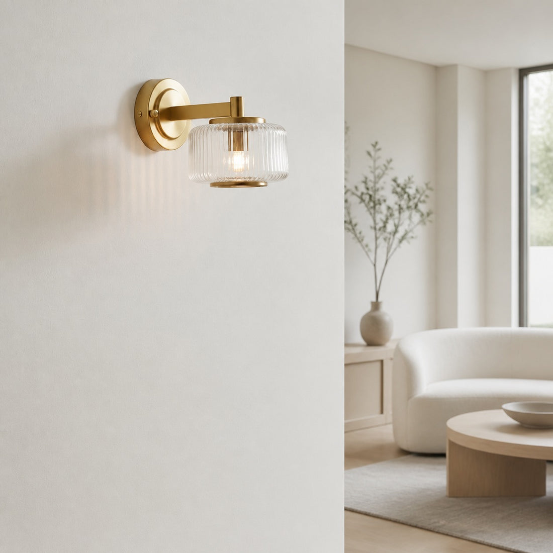 Canovus Ribbed Glass Shade Wall Lamp - Elegant Brass Sconce for Living Room Lighting
