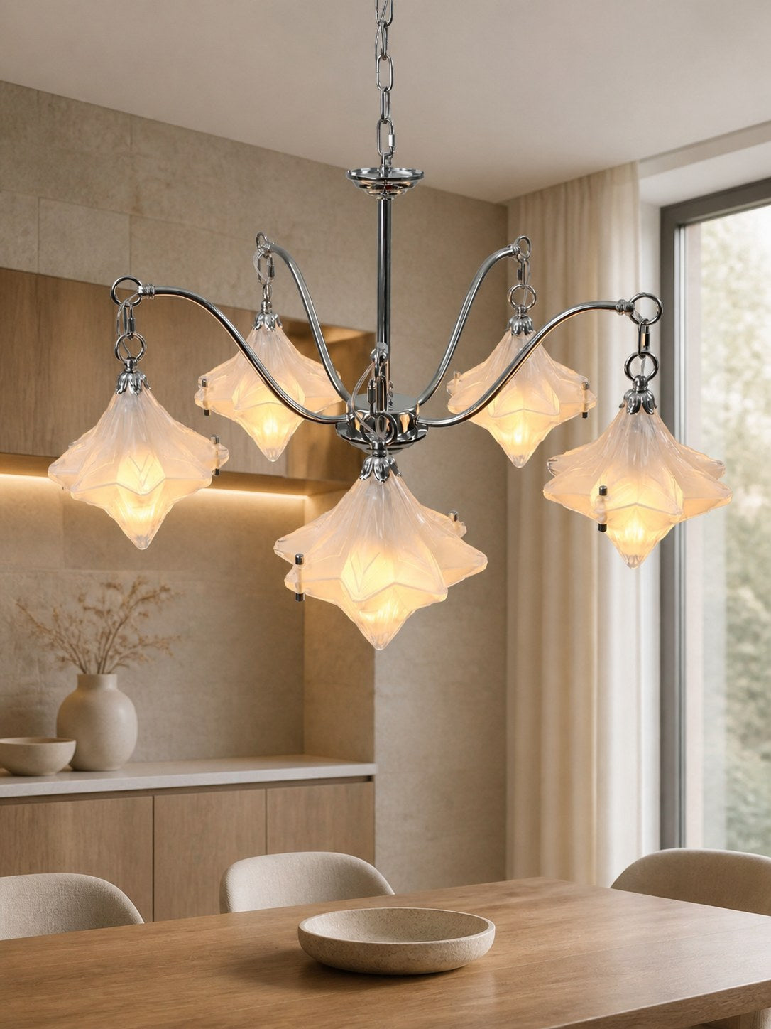 Art Deco Astris Star Chandelier – Frosted Glass Deco Fixture for Dining Room