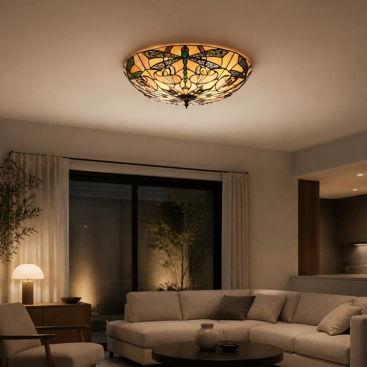 TF Ashton Tiffany Dragonfly Motif Tiffany Glass Flush Surface Mount - Transitional Style for Bedrooms and Lounge Spaces