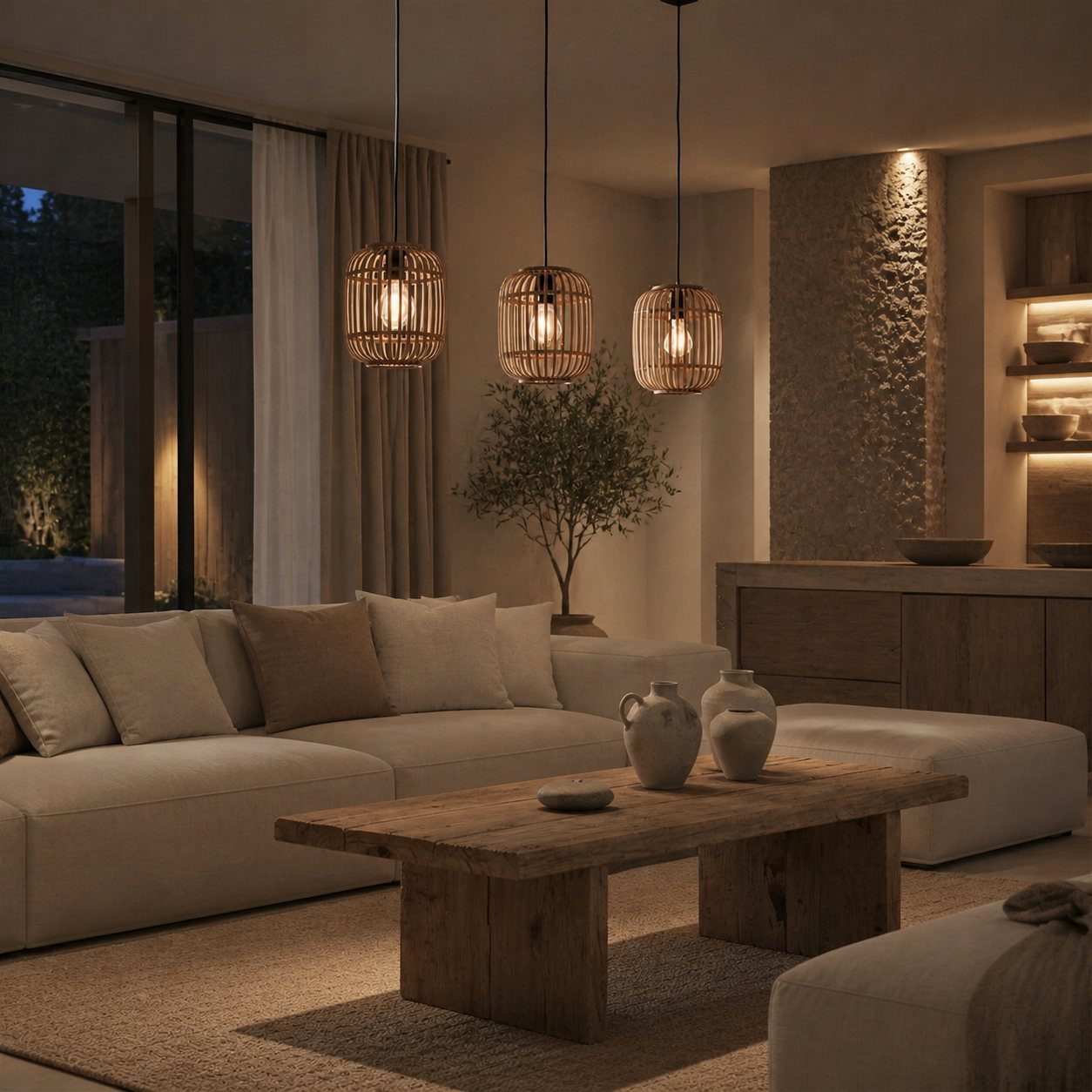 Yumeko Adjustable Bamboo Pendant Lamp - Natural Cage Ceiling Light Perfect for Living & Dining Rooms