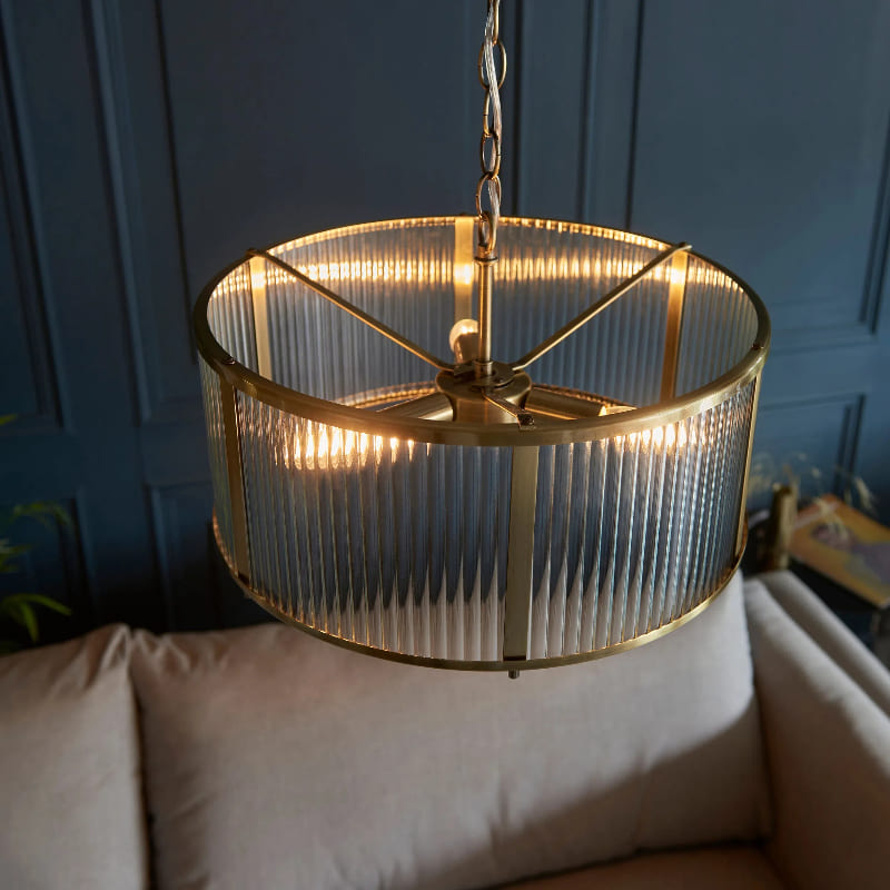 Ribbed Glass Brass Pendant Lamp - Antique Brass Light
