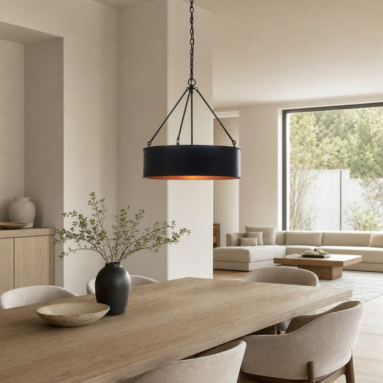 Dravik Contemporary Industrial Drum Pendant — Black Metal Pendant for Living or Dining Room U06