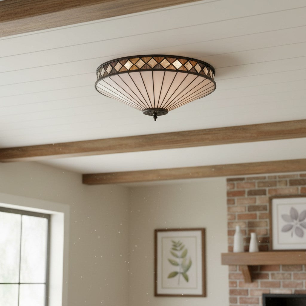 TF Fargo Geometric Flush Mount Light - Handcrafted Art Deco Stained Glass Lamp for Entryway