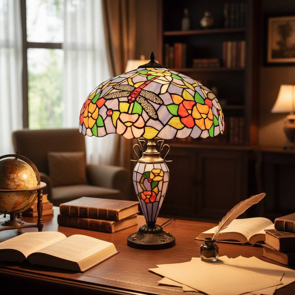 TF Keswick Dragonfly Tiffany Table Lamp – Handcrafted Stained Glass Shade for Living Room or Bedroom