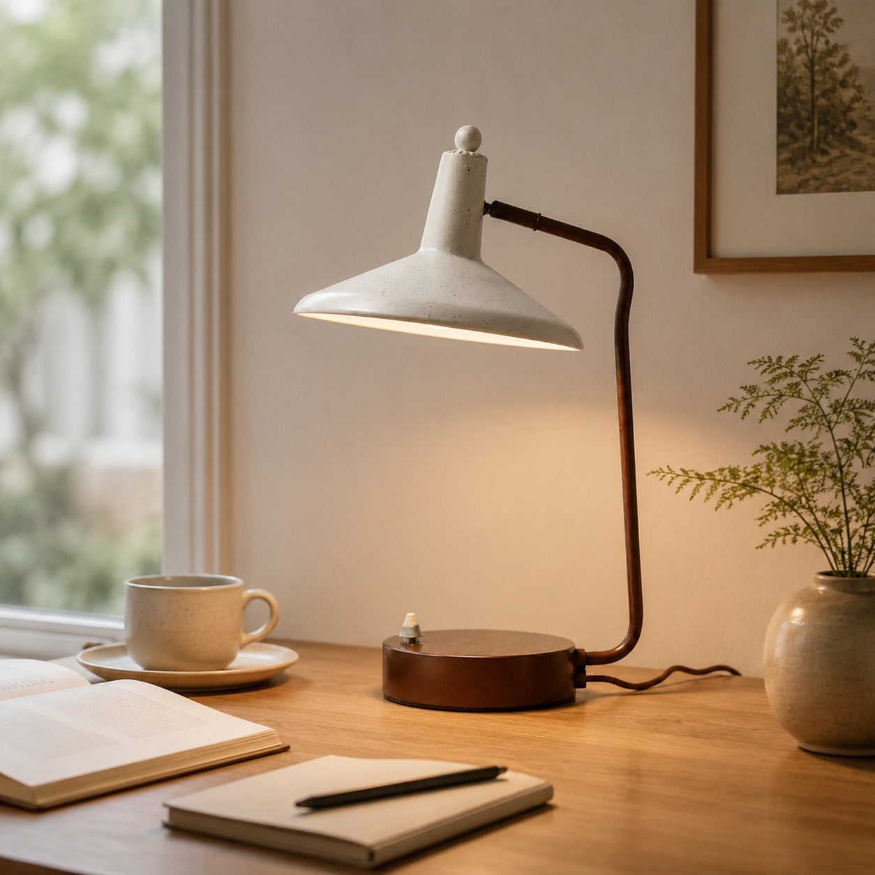 Ivory and brown desk lamp illuminating an open book by a window