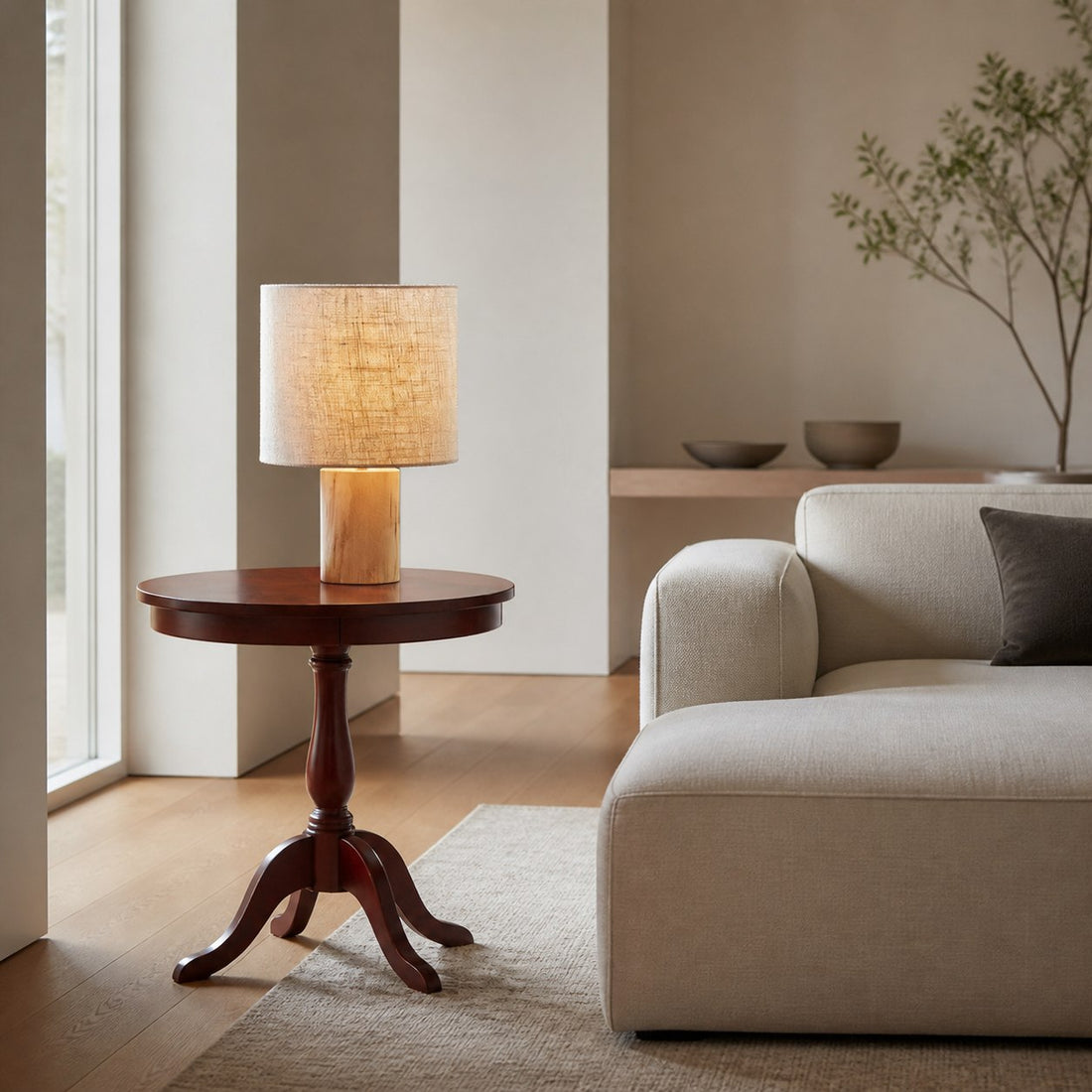 Linemora Simple Wooden Base Table Lamp - Natural Linen Cylindrical Shade for Living Rooms and Bedrooms