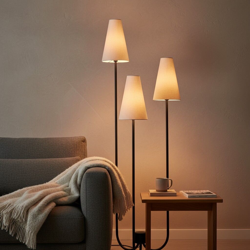 Cordove Three-Tapered Shade Floor Lamp – Modern minimalist Metal Fabric Light for Living Room