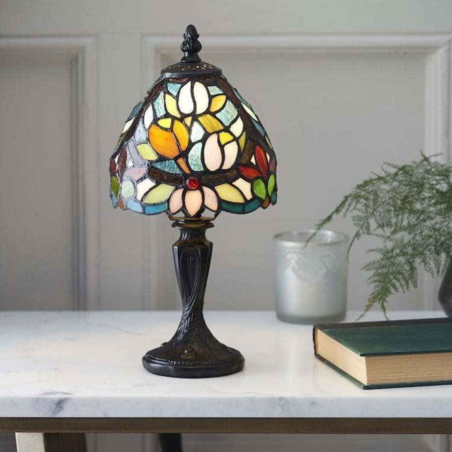 Calyra Vintage Floral Stained Glass Table Lamp - Art Deco Tiffany Style Accent Light for Bedside and Living Room