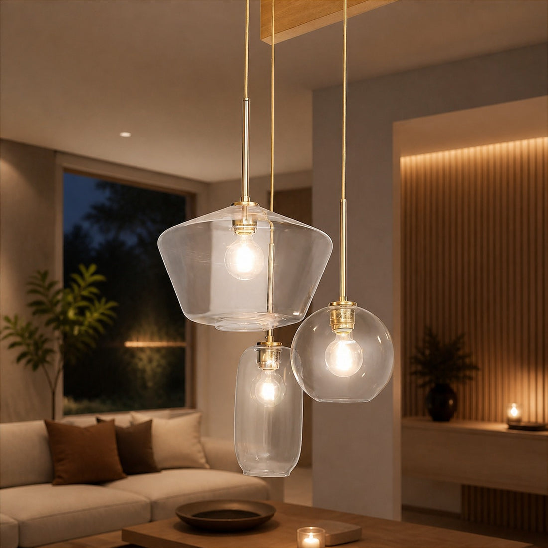 Merin Mixed Sculpture Glass and Metal Triple Chandelier