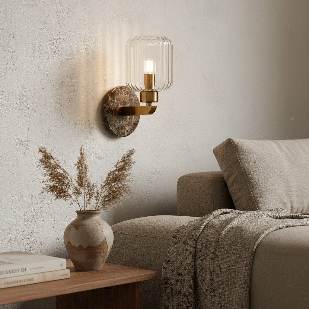 Korlisse Modern Marble Wall Light - Vintage Brass & Clear Glass Accent for Living Room and Hallway